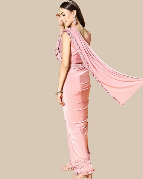 Keerthi Kadire Pre-draped Ruffle Saree With Blouse | Peach, Floral  Applique, Raw Silk, Plunge V-neck, Sleeveless | Blouses for women, Ruffle  saree, Raw silk
