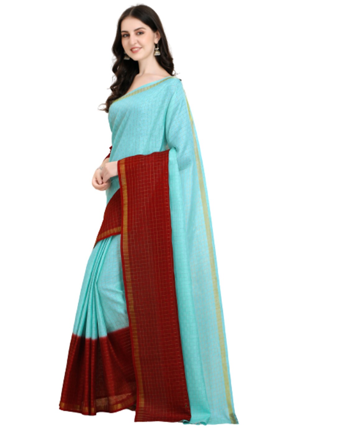 Blue Ladies Broad Border Plain Cotton Saree With Matching Blouse