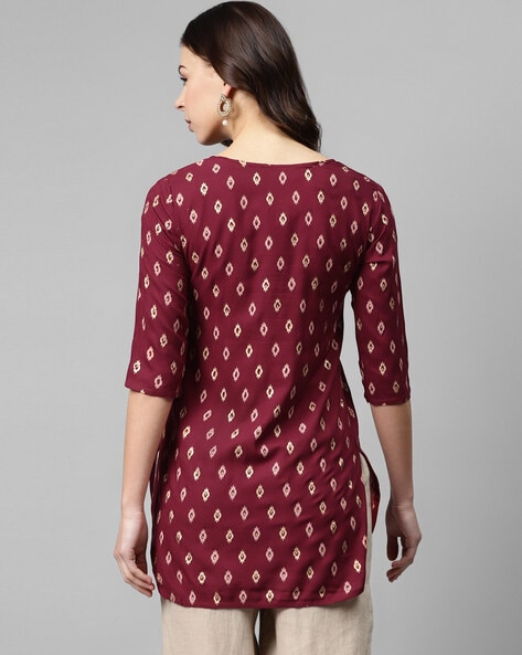 Shop Art Silk Brocade Long Kurti With V-Neck And Short Sleeve Festive Wear  Online at Best Price | Cbazaar
