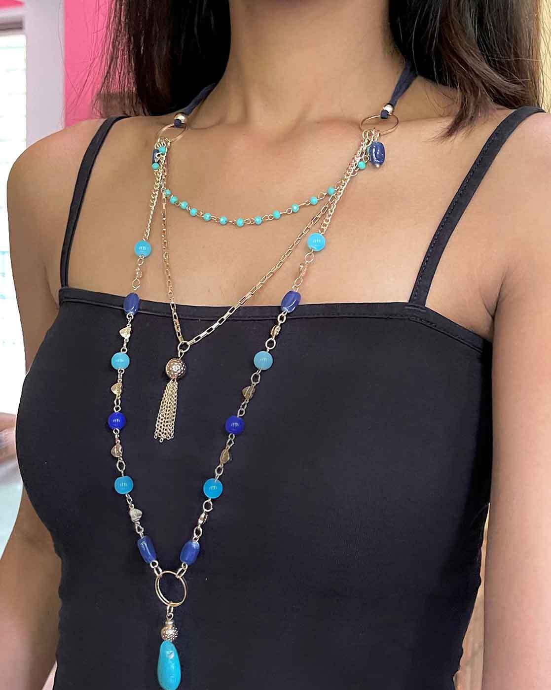 Handmade Blue Color Dori Rectangular Shape Fabric Pendant With Hanging  Beads Long Necklace