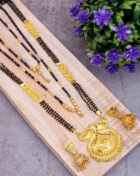 Black Gold-Plated AD-Studded Mangalsutra & Earrings Set – shopnccollection