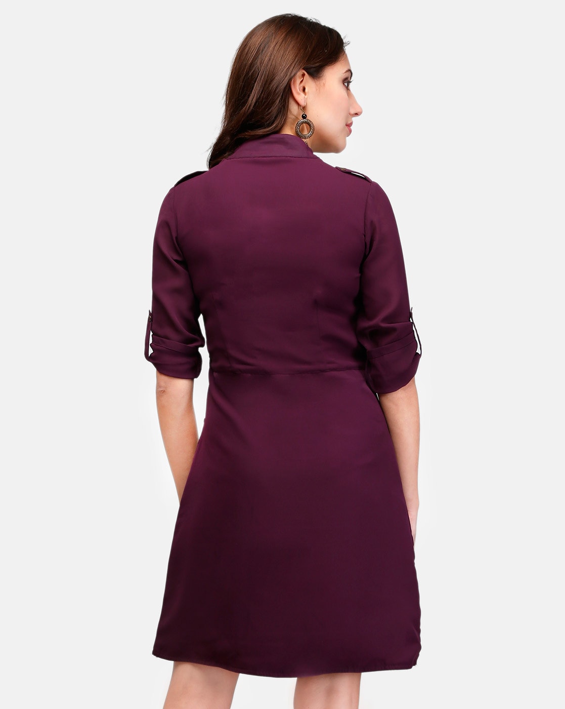 Roll-up Sleeves Insert Pockets Sheath Dress