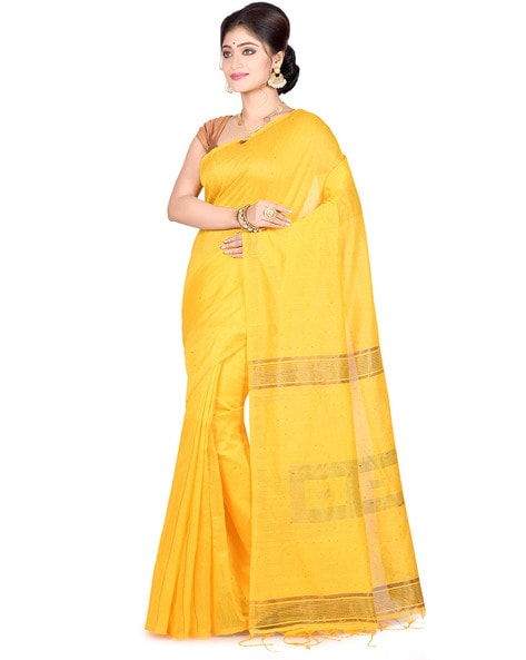 Buy Misha Boutique Yellow Begumpuri Handloom Cotton Saree With Blouse Piece