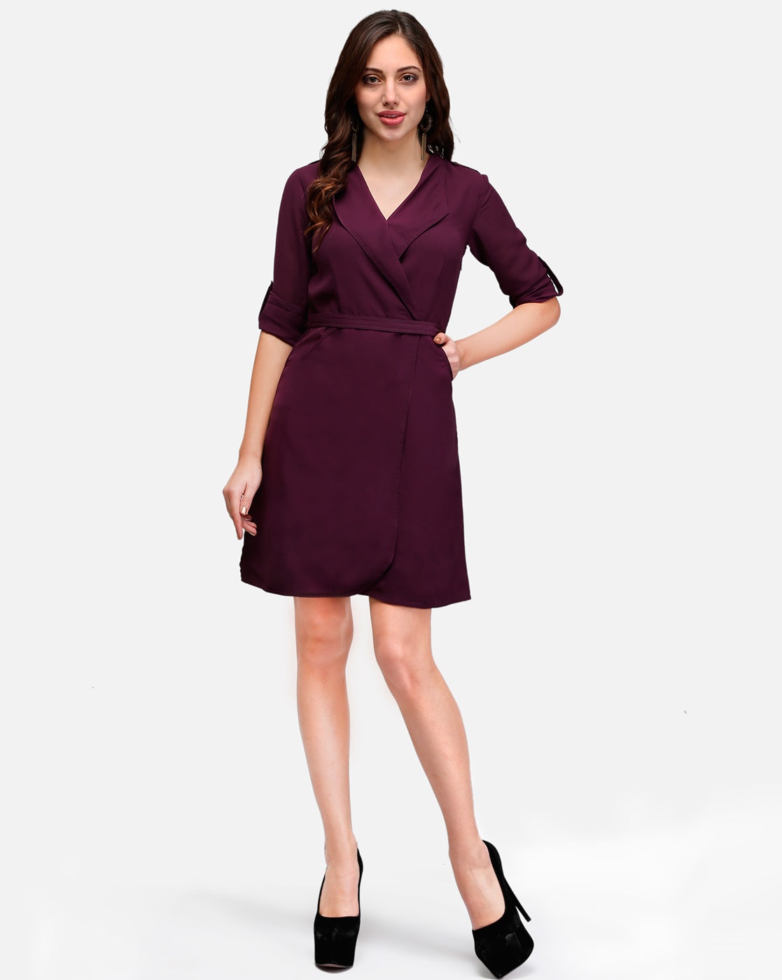 Roll-up Sleeves Insert Pockets Sheath Dress