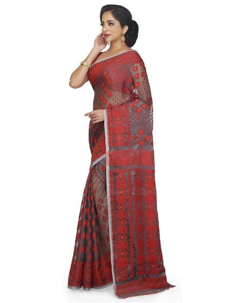 Red & White Dhakai Cotton Jamdani Saree - Muslin Myths | Shop Online at  Ethnickart India's Best Ethnic Weares & Wares