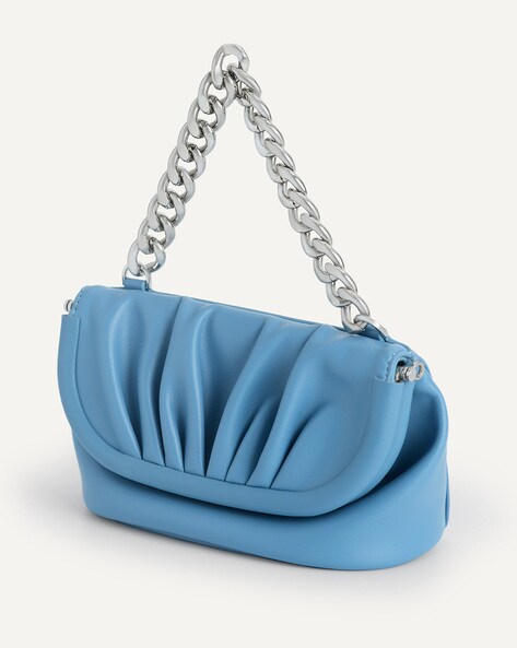 Blue Drawstring Leather Pouch Bag - Qisabags with Chain / Both Straps