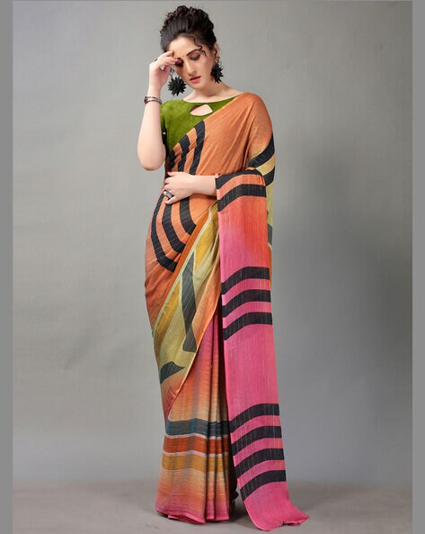 Buy Multicolor Printed Chiffon Saree with Modal Satin Blouse Piece