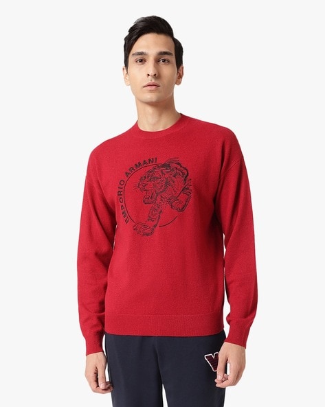 Buy EMPORIO ARMANI Graphic Print Round Neck Sweater Red Color