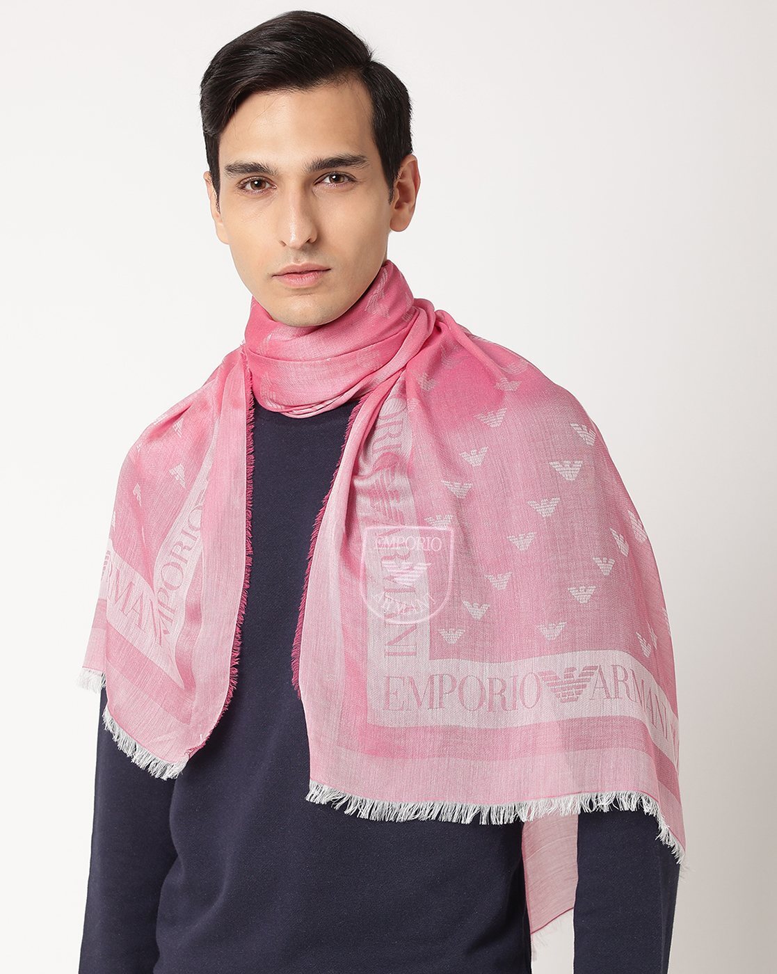 Buy EMPORIO ARMANI Maxi Logo Print Scarf with Fringes Pink Color