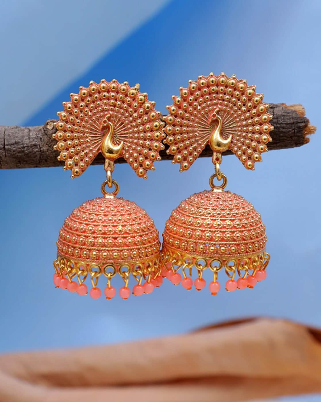 Statement Earrings Traditional Ethnic Fancy Big Size PEACH Golden Color  Jhumka Jhumki Earrings For Women