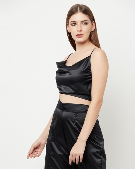 Black satin store cowl neck top