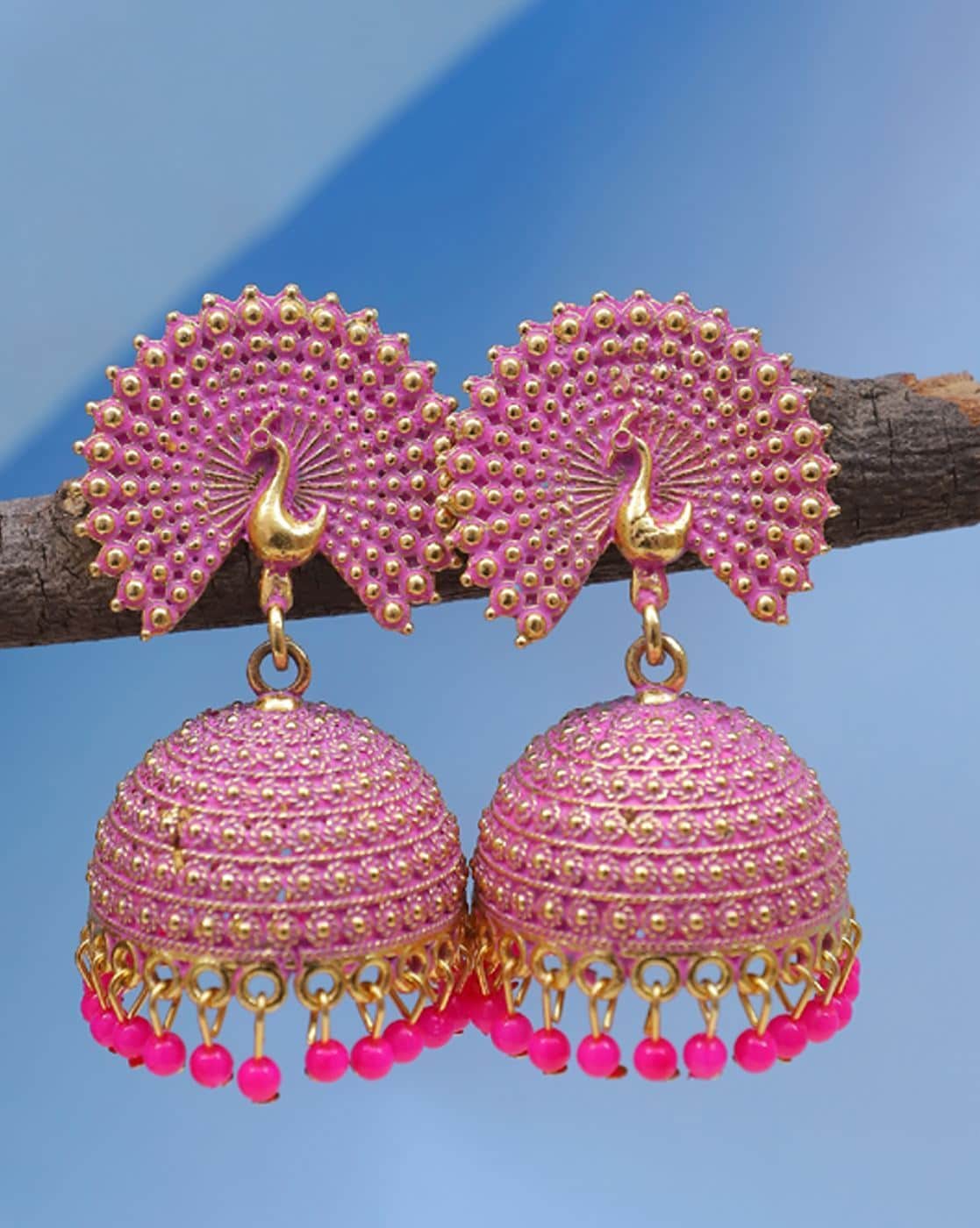 Blue Pink Pearl Indian Jhumka Earrings | FashionCrab.com