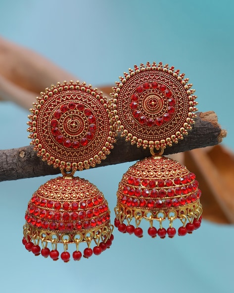 Red Beads Pearls Stones Gold Plated Peacock Jhumka Earring – Priyaasi