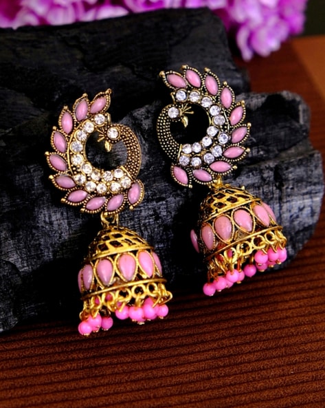SURAMYA- THE PICTURESQUE CRESCENT- SEQUINS, GLASS BEADS AND STONE  EMBROIDERED EARRINGS (SALMON PINK)