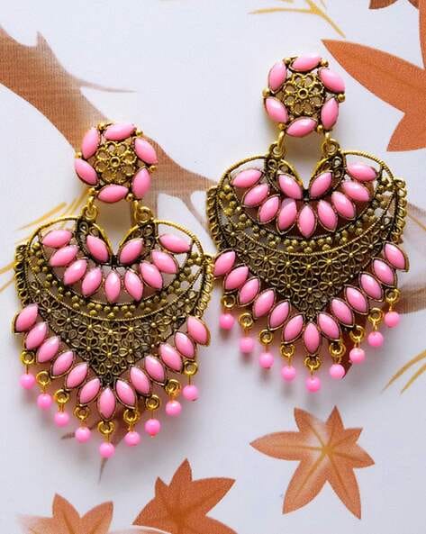 Light weight minakari baby pink earrings with pearl maatal – Prashanti  Sarees