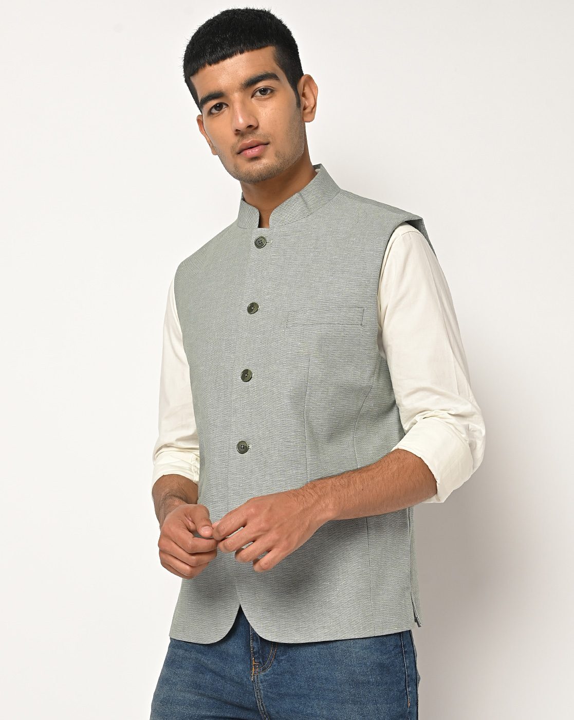 Buy SANWARA Green Printed Art Silk Regular Fit Mens Nehru Jacket | Shoppers  Stop