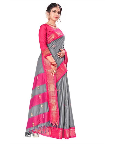 Grey-Soft Pink Pure Soft Satin Silk Banarasi Handloom Saree - Tilfi