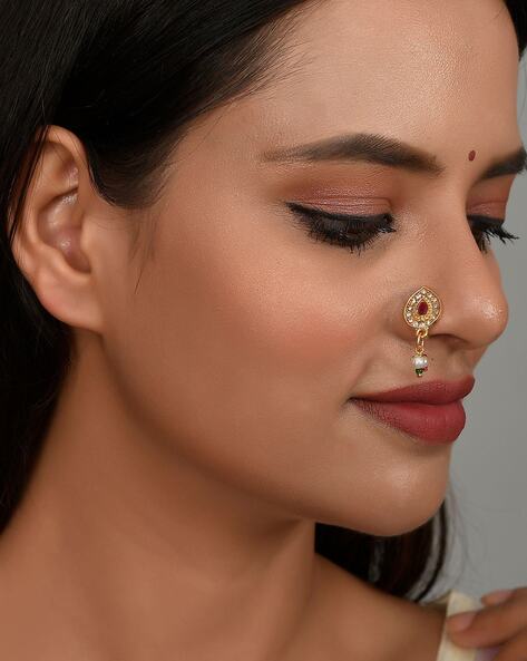 Red & Green Gold-Plated Stone-Studded Nose Ring with Beaded Chain –  shopnccollection