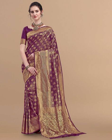 Ethnic Junctions Women's Banarasi Saree With Designer Blouse, Wine