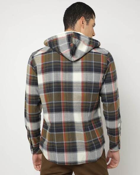 Men Checked Slim Fit Hooded Shirt