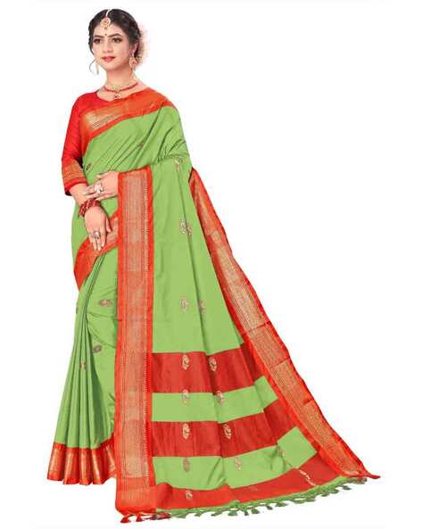 Banarasee Cotton Silk Jamdani Saree With Resham & Zari Design-Green