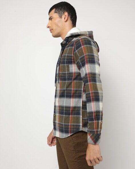 Men Checked Slim Fit Hooded Shirt