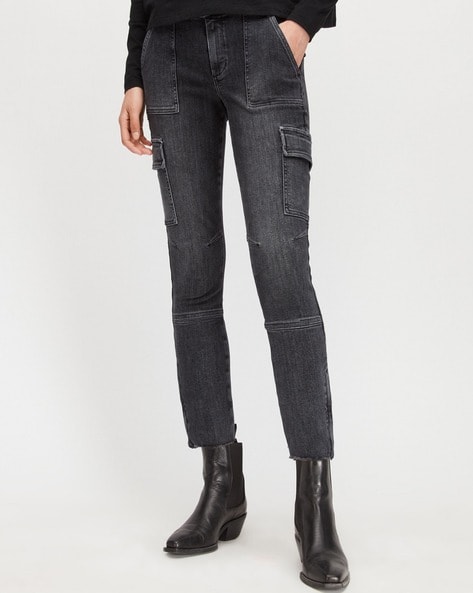 ALLSAINTS Rali High-Rise Relaxed Diamante Jeans in Washed Black | Endource