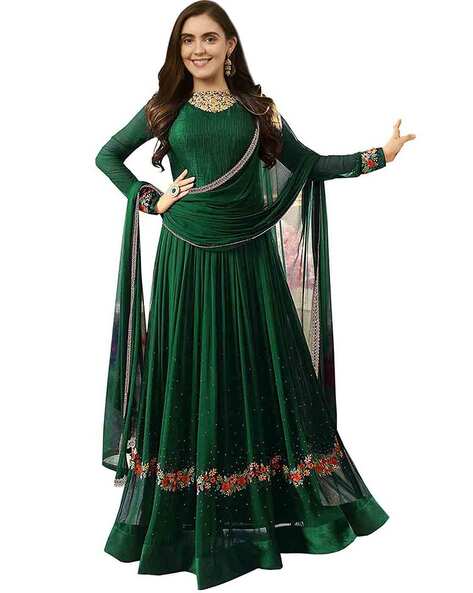 Embellished Semi-stitched Anarkali Dress Material Price in India