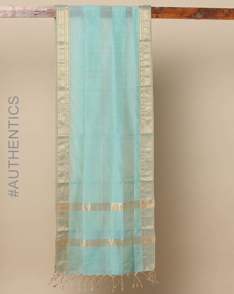 Handloom Pure Maheshwari Silk Merserised Cotton and Tissue Dupatta with Zari Rich Border Price in India