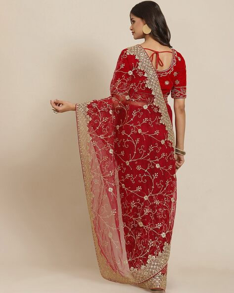 Jacquard Bridal Saree in Red and Maroon with Stone work | Wedding saree  indian, Party wear sarees, Indian bridal wear