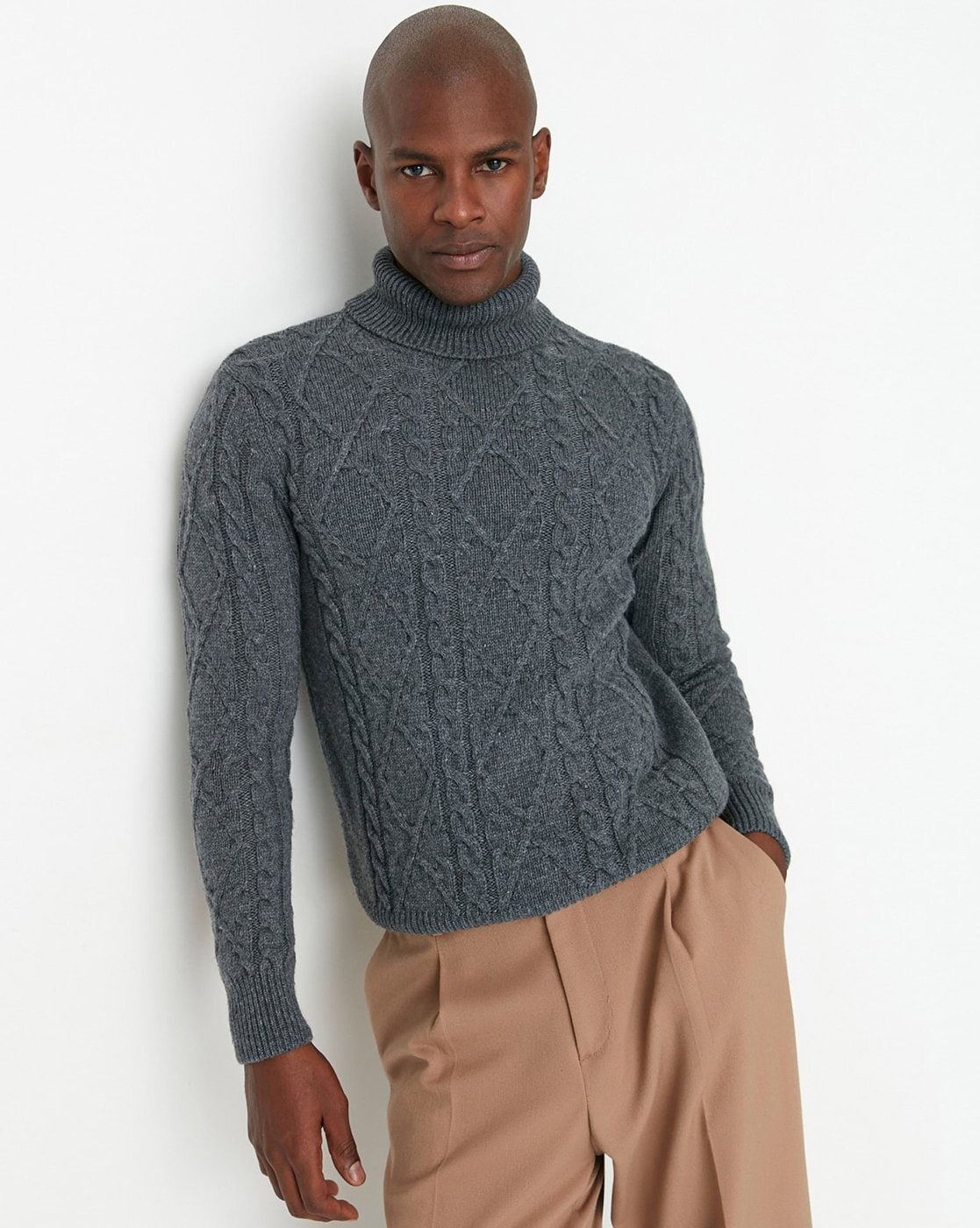 Grey cable knit outlet turtleneck sweater