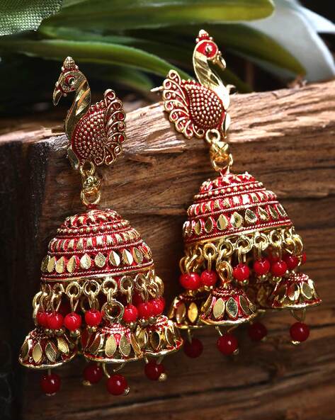 Gold Colored Jhumka Earrings with Red & Green Stones & with White Pear –  ShopBollyWear.Com