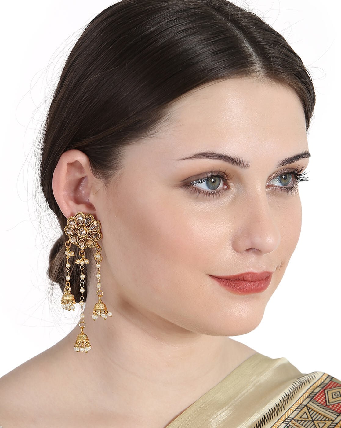 White Floral Kundan Pearl Beads Gold-Plated Chandbali Drop Earrings –  Priyaasi