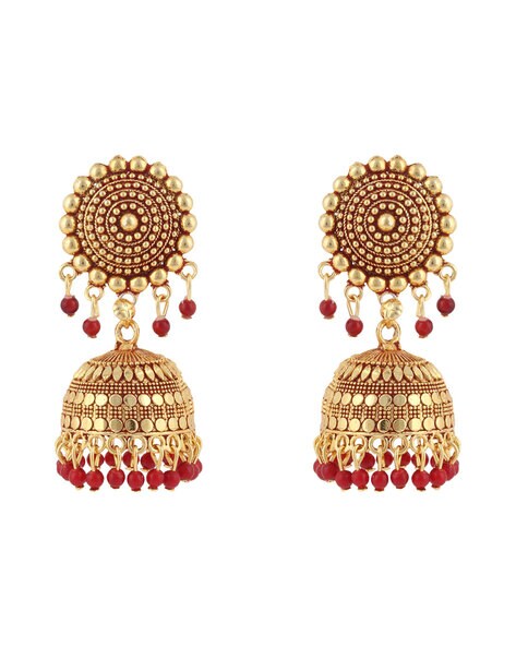 Adajio Earrings - Shiny Gold Plated Oriental Pattern over Red Column -  TALICH