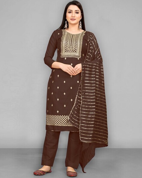 Embroidered Cotton Dress Material with Geometric Motifs Price in India