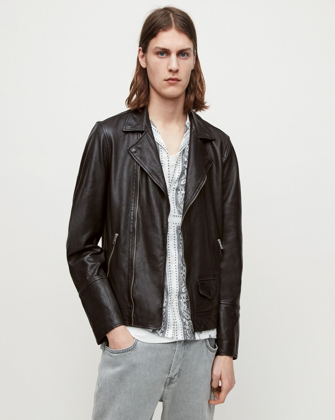 ALLSAINTS Kino Leather Bomber Jacket in Atlantic Grey | Endource