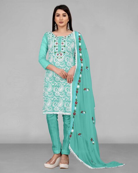 Chanderi Dress Material with Floral Embroidery Price in India