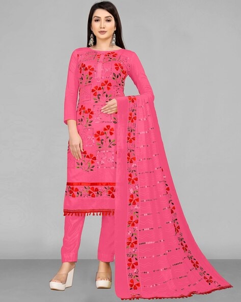Embroidered Chanderi Dress Material with Floral Motifs Price in India