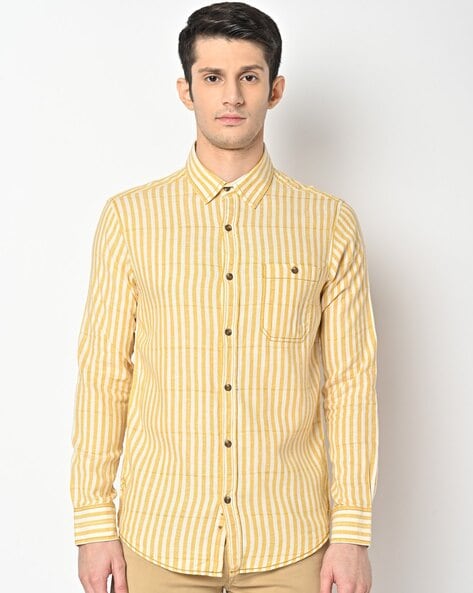 MUFTI Men Striped Casual Yellow Shirt - Buy MUFTI Men Striped Casual Yellow  Shirt Online at Best Prices in India