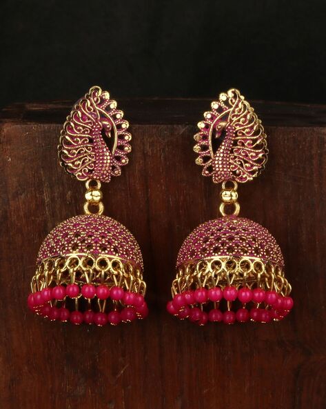 Earrings & Studs | Magenta Color Earrings With Gold Design | Freeup