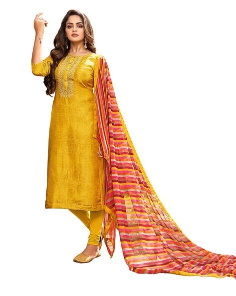 Embroidered  Semi-Stitched Dress Material Price in India