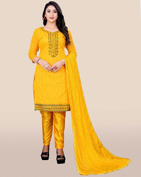 Embroidered Semi-Stitched Straight Dress Material Price in India