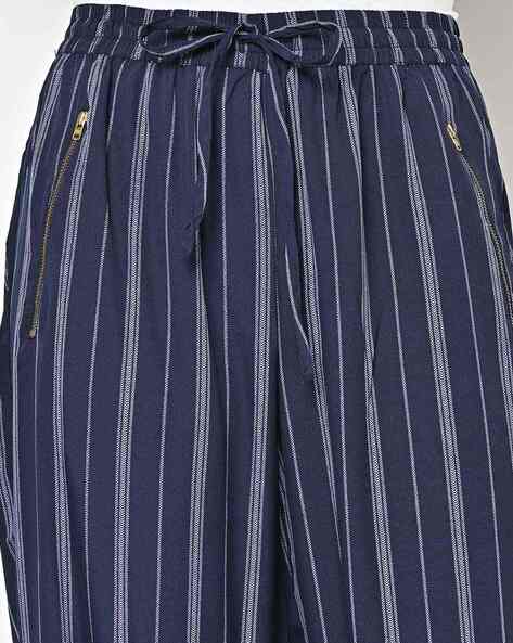 Navy Stripe Jersey Side Split Flared Trousers | New Look