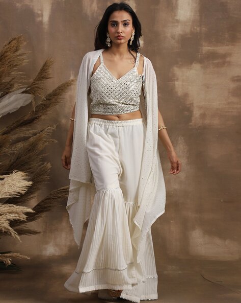 White organza flower printed indowestern lehenga with shrug | Stylish  dresses, Party wear lehenga, Indian fashion dresses