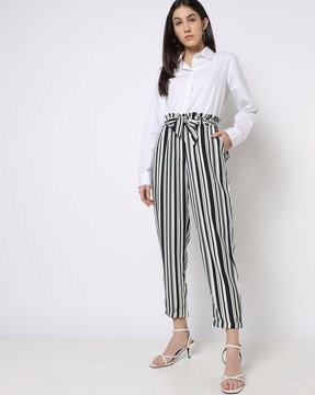 Buy Women Black Striped Paper Bag High Waist Trousers  Trends Online India   FabAlley