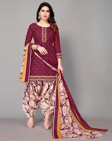Geometric Print Semi-Stitched Dress Material Price in India