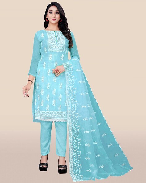 Embroidered Semi-Stitched Straight Dress Material Price in India