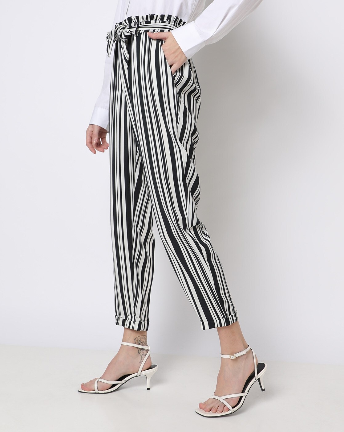 White Black Striped Cropped Trousers  Amukti  The Womens Ethnic Fashion  Store