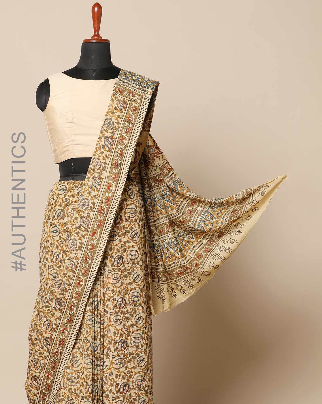 Kalamkari Handblock Mulmul Cotton Saree - www.indethnic.com