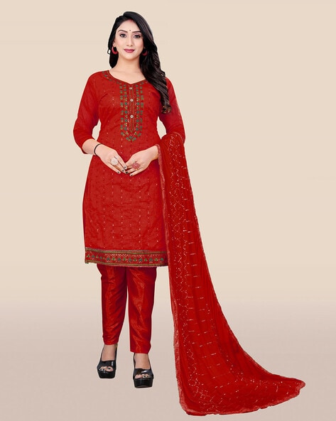 Embroidered Semi-Stitched Straight Dress Material Price in India